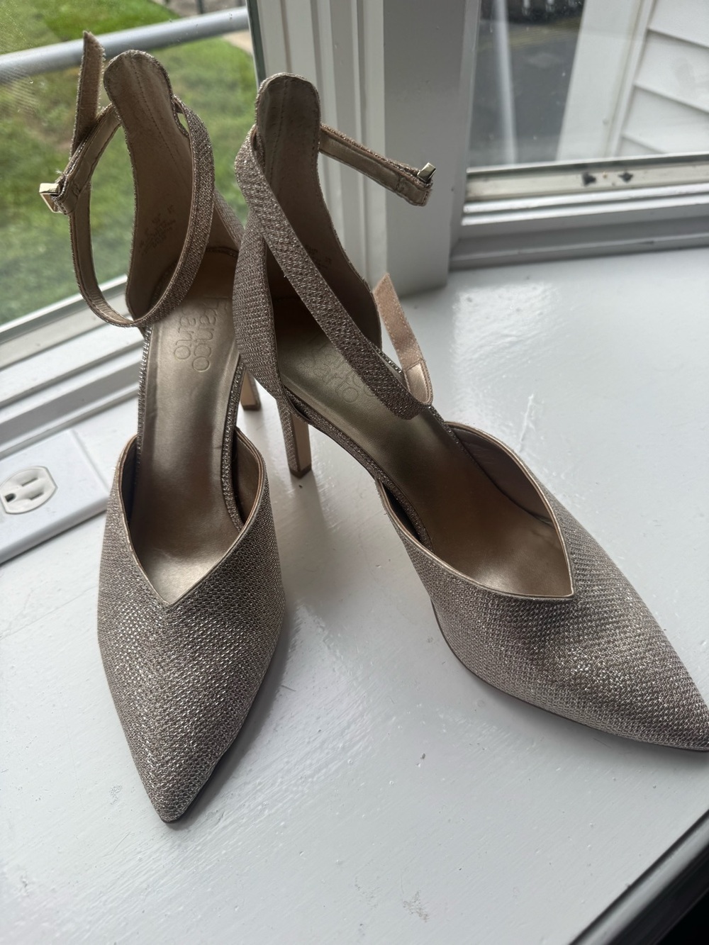 Franco Sarto Women's Sparkle Pointed-Toe Ankle-Strap Heels in Champagne gold